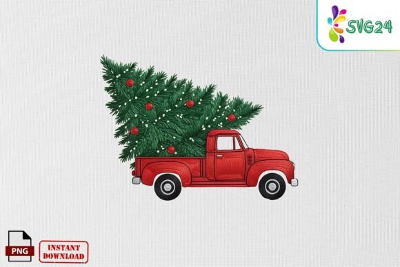 Charming Christmas Truck Tree Embroidery Art PNG